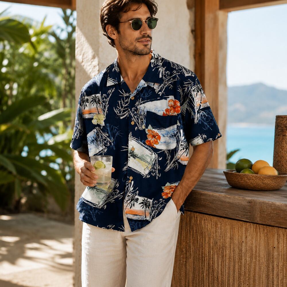 Men's Hawaiian Aloha Camp Shirt Navy Tropical Large Button Front EUC